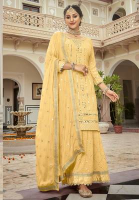 yellow pure georgette suit with embroidery 1
