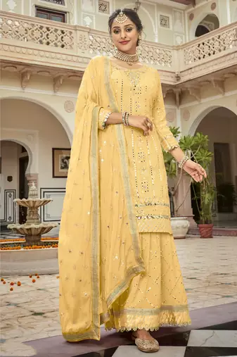 yellow pure georgette suit with embroidery