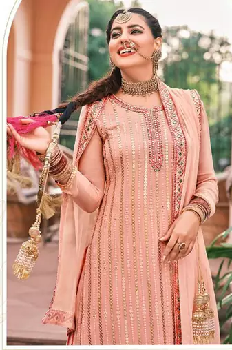 peach georgette embroidery sharara suit