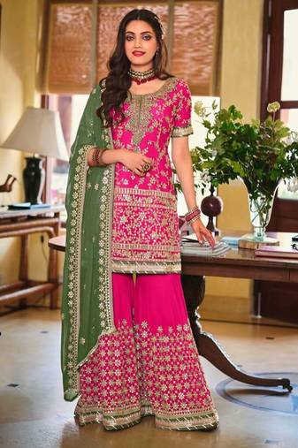 pink georgette sharara set with embroidered work