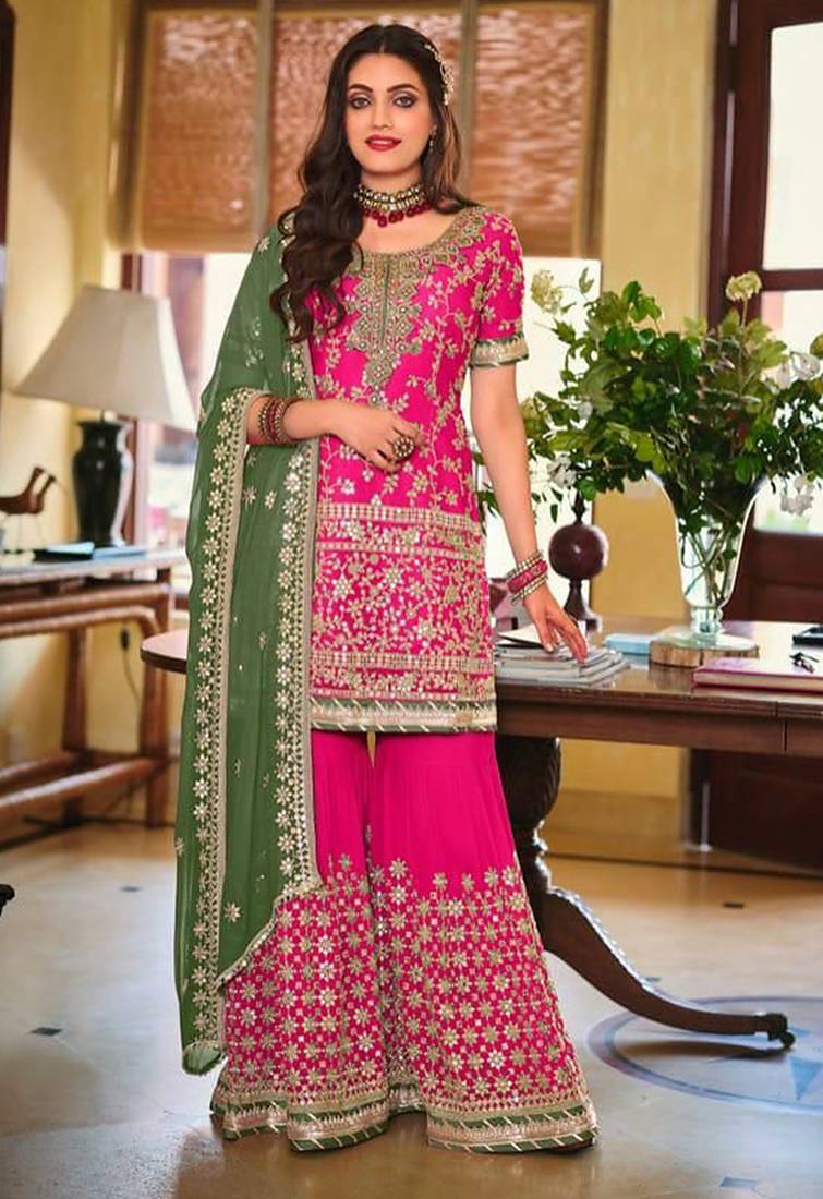 pink georgette sharara set with embroidered work