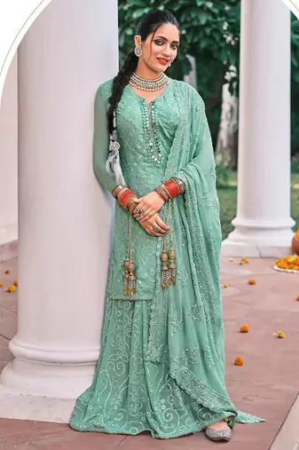 sea green georgette embroidery sharara suit