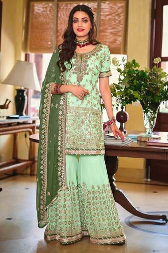 Pure georgette party wear sharara in light green color with embroidery work
