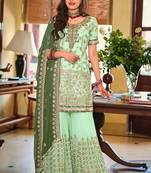 Pure georgette party wear sharara in light green color with embroidery work