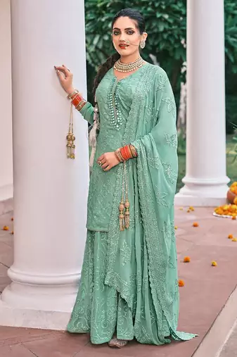 sea green georgette embroidery sharara suit
