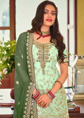 Pure georgette party wear sharara in light green color with embroidery work 2