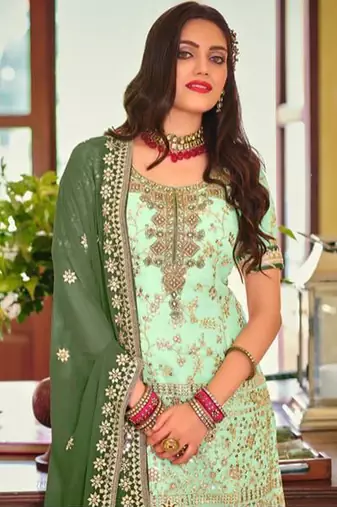 Pure georgette party wear sharara in light green color with embroidery work