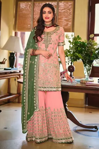 peach georgette sharara set with embroidered work