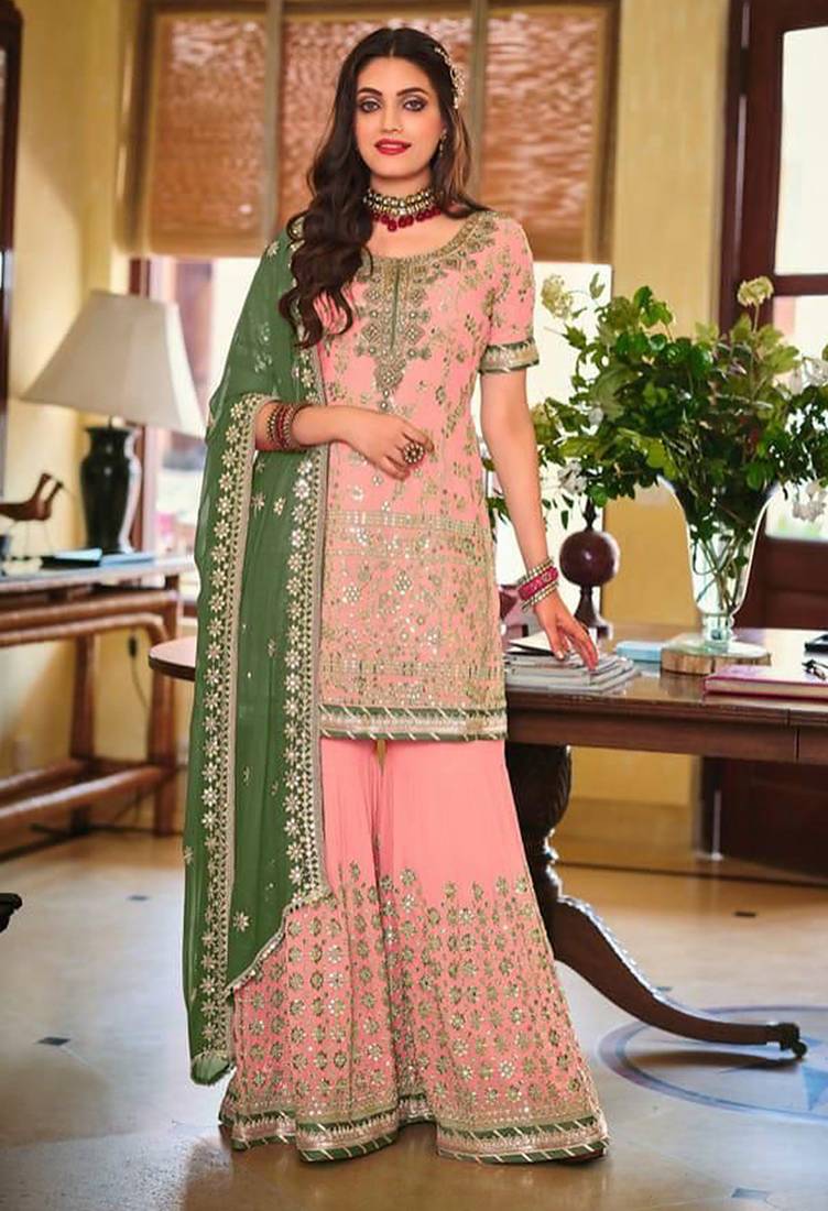 peach georgette sharara set with embroidered work