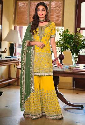 yellow georgette sharara set with embroidered work 1