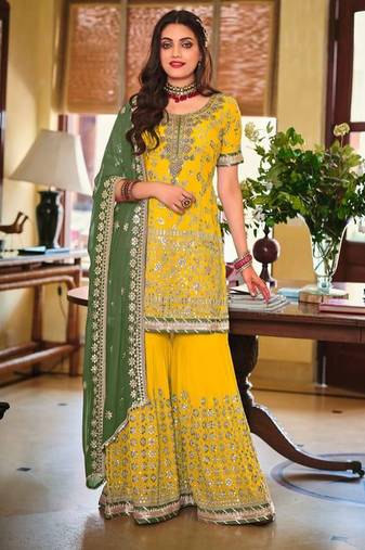 yellow georgette sharara set with embroidered work