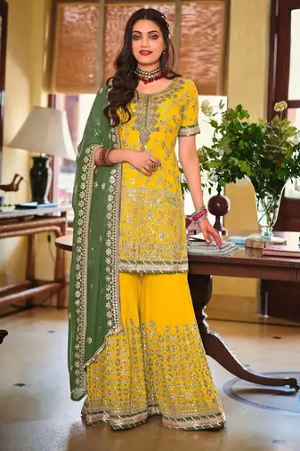 yellow georgette sharara set with embroidered work