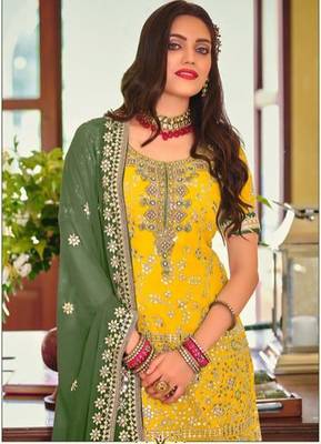 yellow georgette sharara set with embroidered work 2