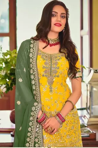 yellow georgette sharara set with embroidered work