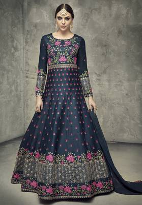 blue silk anarkali set with embroidery 1