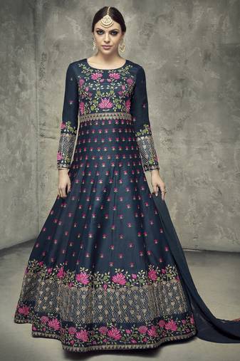 blue silk anarkali set with embroidery