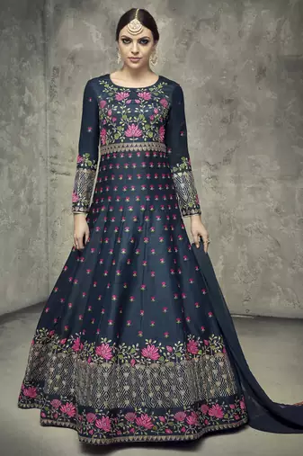 blue silk anarkali set with embroidery