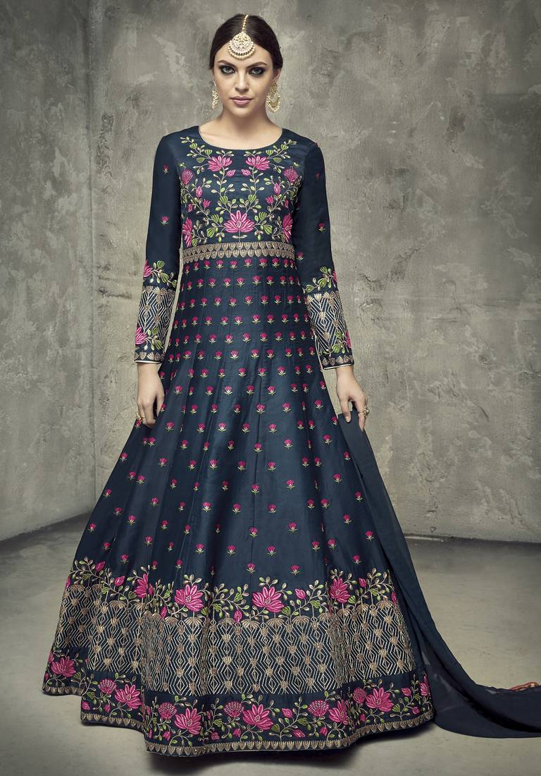 blue silk anarkali set with embroidery