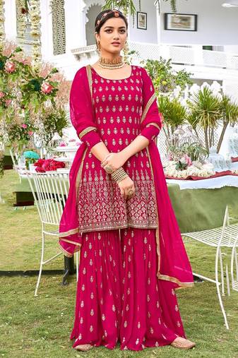 pink georgette sharara suit with embroidery