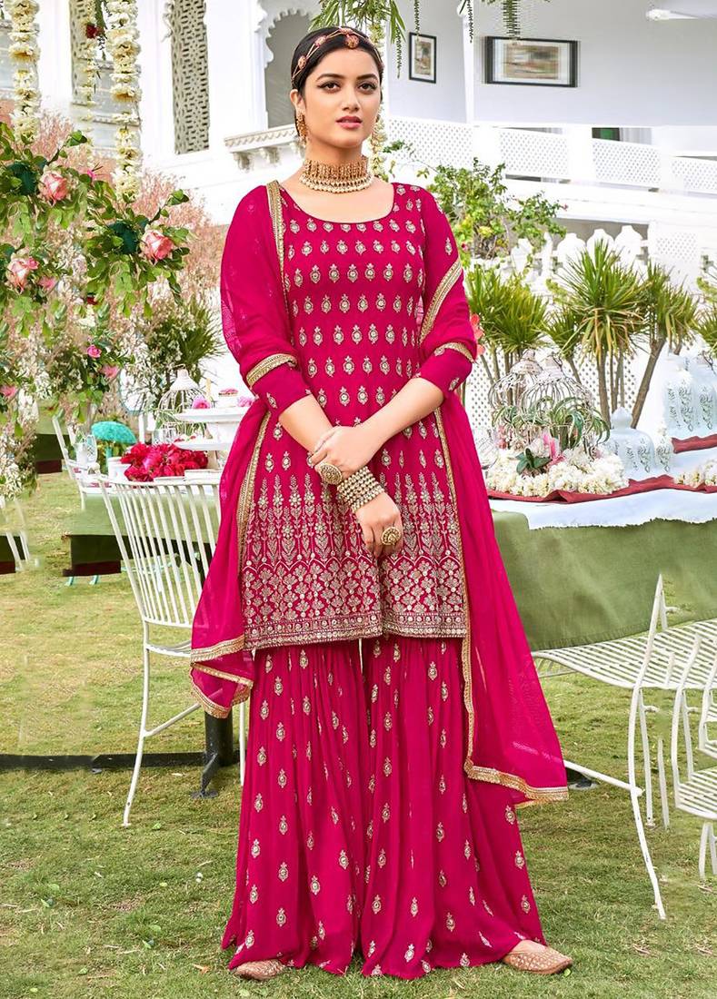 Pure georgette party wear sharara in pink color with embroidery work