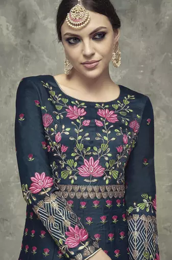 blue silk anarkali set with embroidery