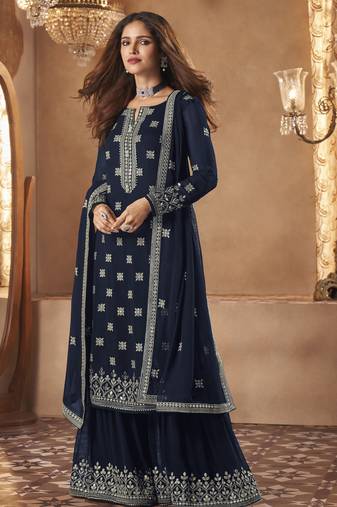 Pure georgette party wear sharara in blue color with embroidery work