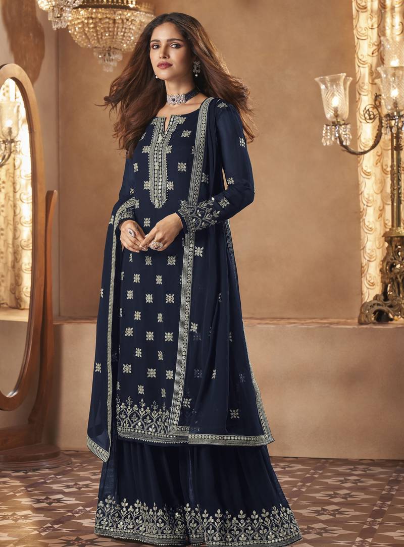 blue georgette party sharara suit set