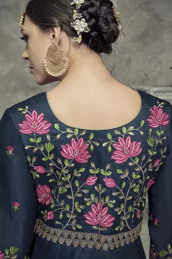 blue silk anarkali set with embroidery
