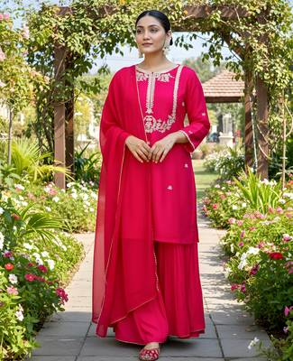 Women's  Embroidery Work Viscose Silk Fabric Straight Kurta Palazzo and Dupatta Set 1