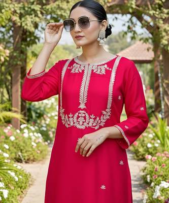 Women's  Embroidery Work Viscose Silk Fabric Straight Kurta Palazzo and Dupatta Set 2