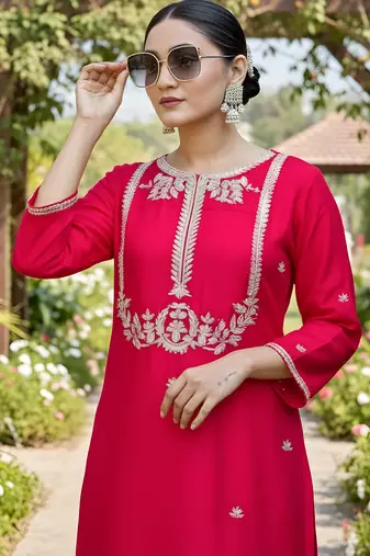 Women's  Embroidery Work Viscose Silk Fabric Straight Kurta Palazzo and Dupatta Set