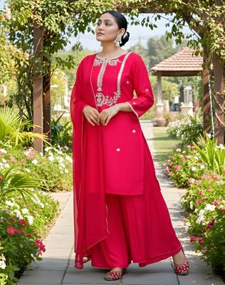 Women's  Embroidery Work Viscose Silk Fabric Straight Kurta Palazzo and Dupatta Set 3