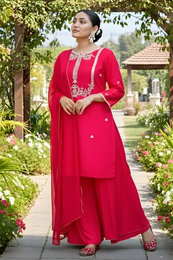 Women's  Embroidery Work Viscose Silk Fabric Straight Kurta Palazzo and Dupatta Set