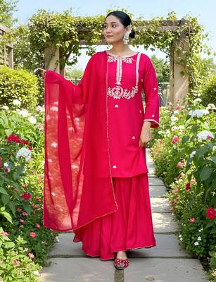 Women's  Embroidery Work Viscose Silk Fabric Straight Kurta Palazzo and Dupatta Set 5