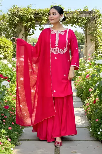 Women's  Embroidery Work Viscose Silk Fabric Straight Kurta Palazzo and Dupatta Set