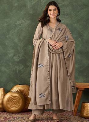 Women's  Embroidery Work Vichitra SIlk Fabric Flared Anarkali Pant and Dupatta Set 1