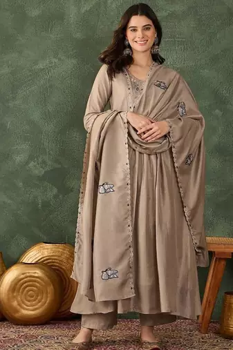 Women's  Embroidery Work Vichitra SIlk Fabric Flared Anarkali Pant and Dupatta Set