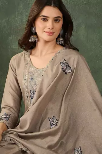 Women's  Embroidery Work Vichitra SIlk Fabric Flared Anarkali Pant and Dupatta Set