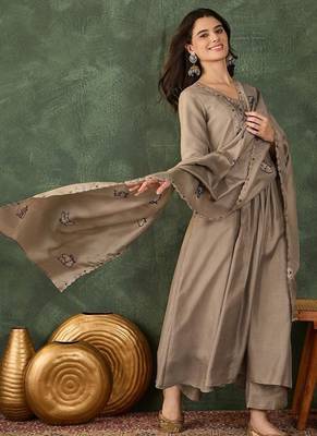 Women's  Embroidery Work Vichitra SIlk Fabric Flared Anarkali Pant and Dupatta Set 3
