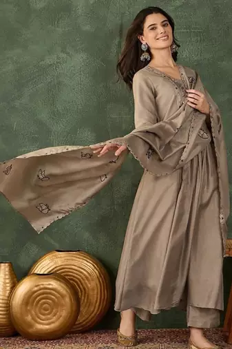 Women's  Embroidery Work Vichitra SIlk Fabric Flared Anarkali Pant and Dupatta Set