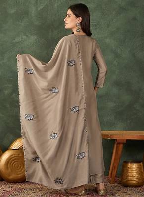 Women's  Embroidery Work Vichitra SIlk Fabric Flared Anarkali Pant and Dupatta Set 4