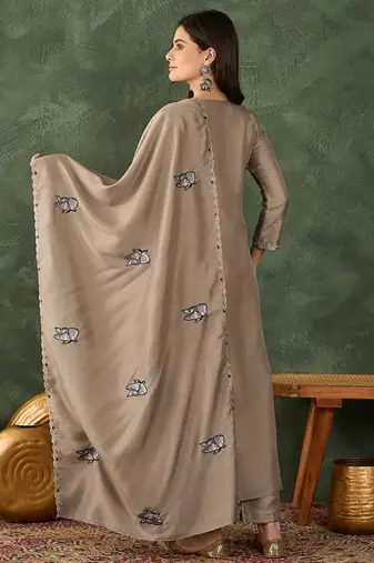 Women's  Embroidery Work Vichitra SIlk Fabric Flared Anarkali Pant and Dupatta Set