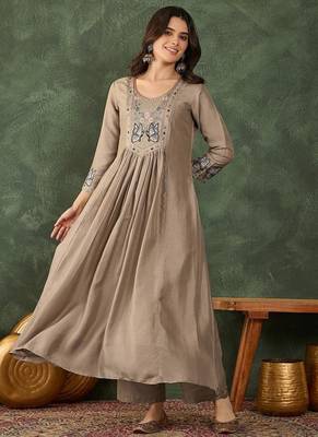 Women's  Embroidery Work Vichitra SIlk Fabric Flared Anarkali Pant and Dupatta Set 5