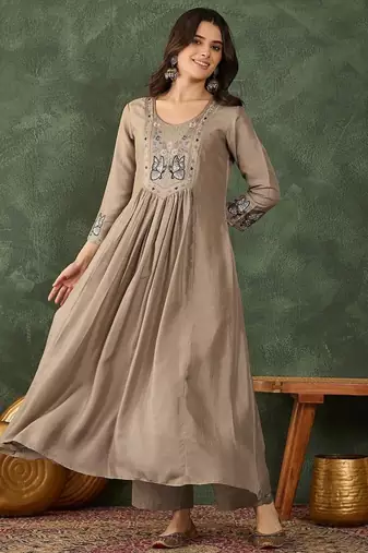 Women's  Embroidery Work Vichitra SIlk Fabric Flared Anarkali Pant and Dupatta Set