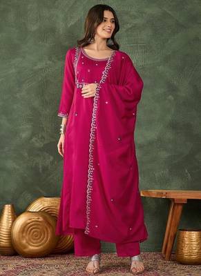 Women's  Embroidery Work Vichitra SIlk Fabric Flared Kurta Pant and Dupatta Set 1