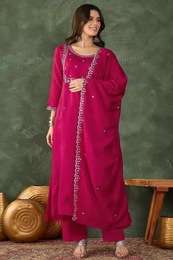 Women's  Embroidery Work Vichitra SIlk Fabric Flared Kurta Pant and Dupatta Set