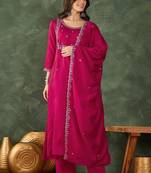 Women's  Embroidery Work Vichitra SIlk Fabric Flared Kurta Pant and Dupatta Set
