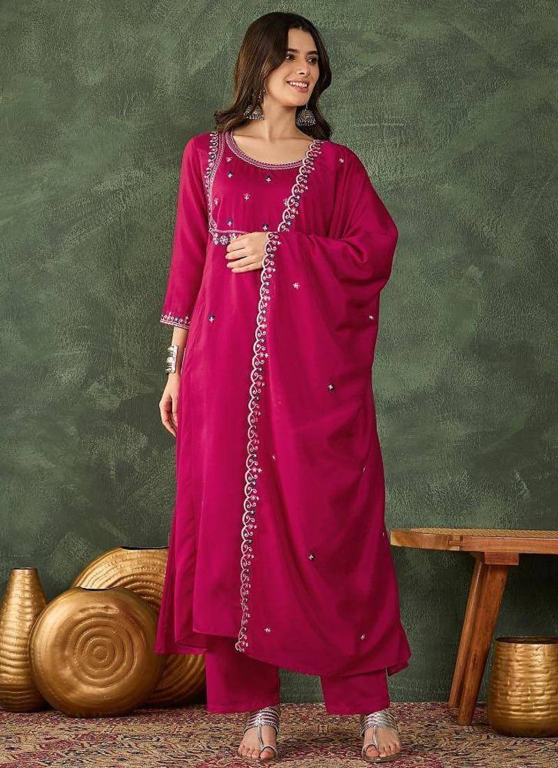 Women's  Embroidery Work Vichitra SIlk Fabric Flared Kurta Pant and Dupatta Set