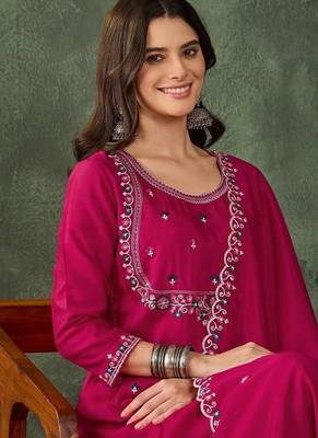 Women's  Embroidery Work Vichitra SIlk Fabric Flared Kurta Pant and Dupatta Set 2