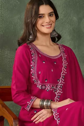 Women's  Embroidery Work Vichitra SIlk Fabric Flared Kurta Pant and Dupatta Set